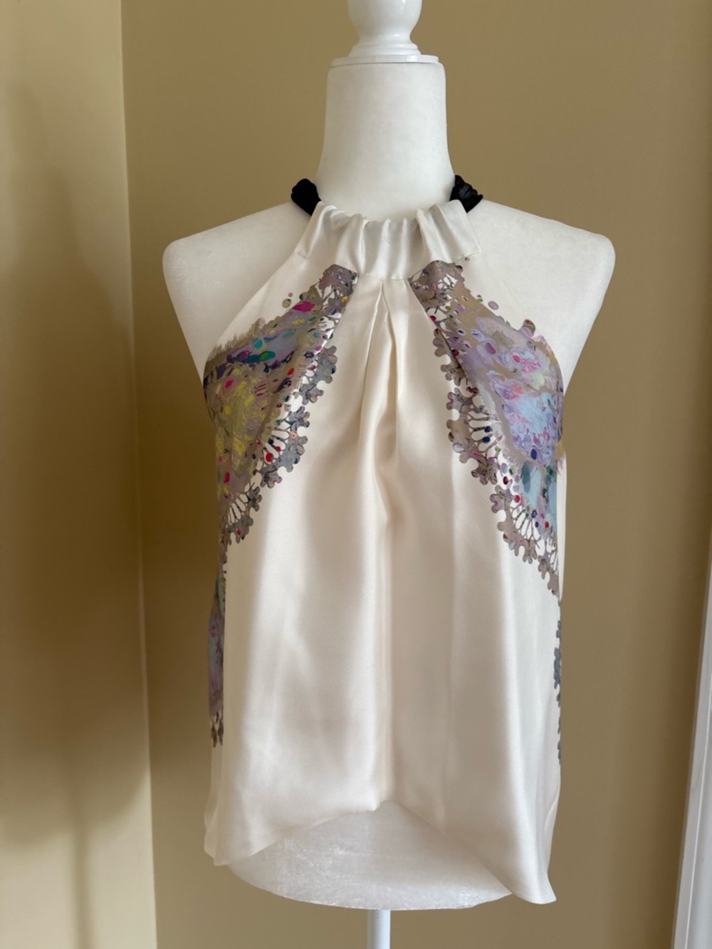 Cynthia Rowley Ivory Halter Silk Camisole with Multicolor Floral Panels